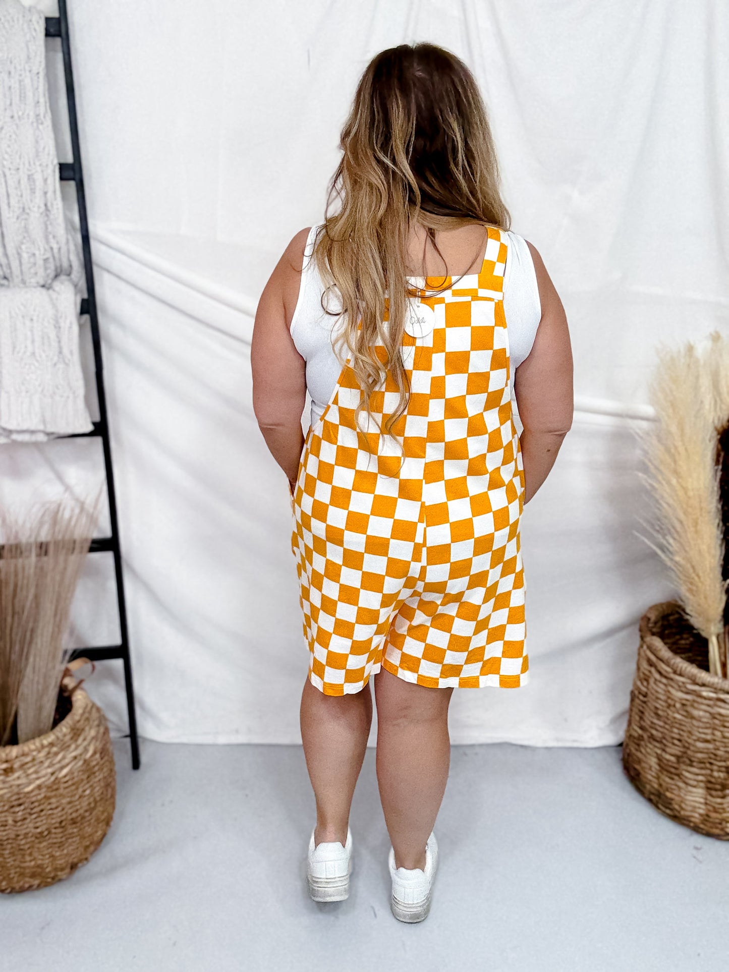 Orange & White Checkerboard Overall Style Romper