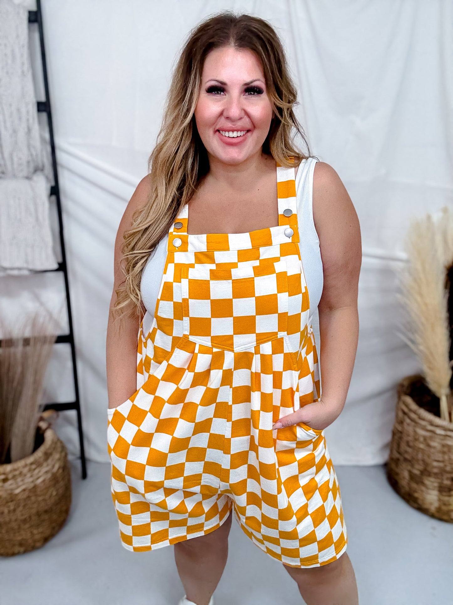 Orange & White Checkerboard Overall Style Romper