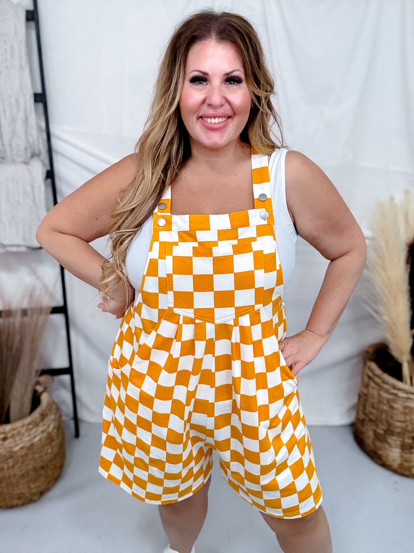 Orange & White Checkerboard Overall Style Romper