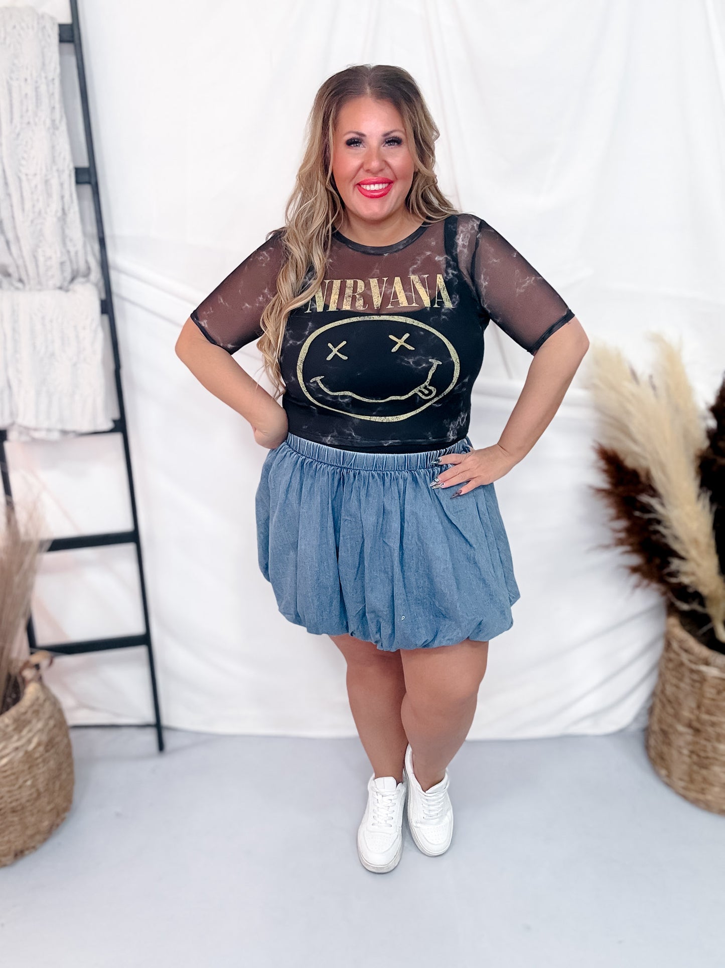 Licensed Nirvana Short Sleeve Mesh Midi Top