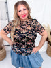 Black Floral Print Short Sleeve Mesh Layering Top