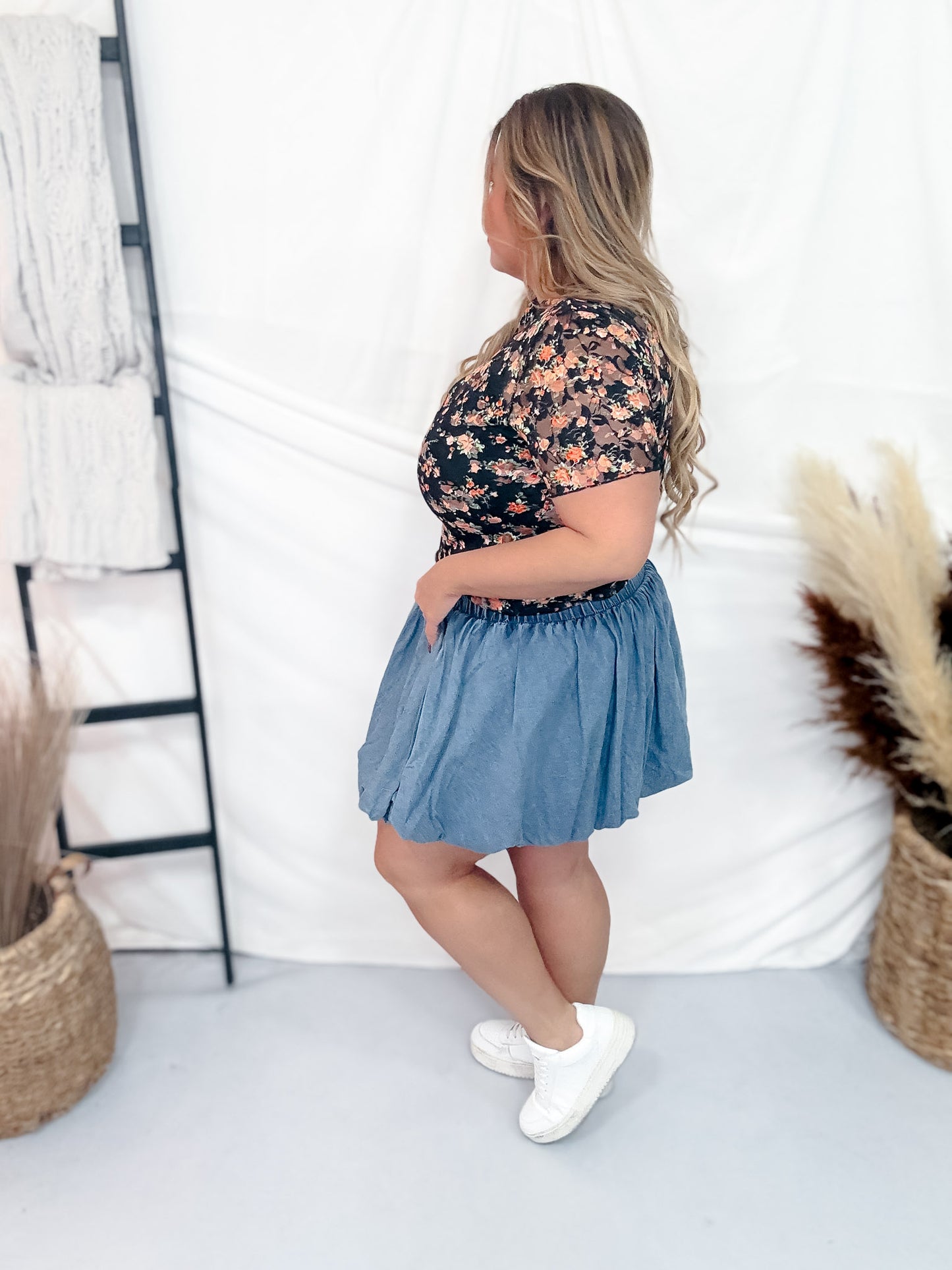 Black Floral Print Short Sleeve Mesh Layering Top