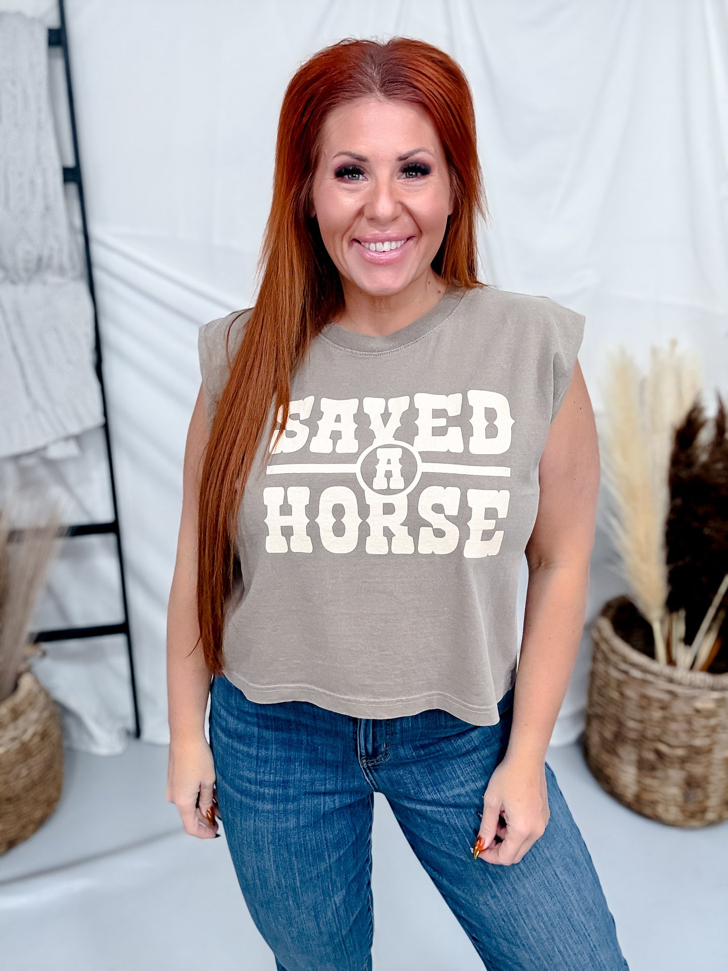 Saved A Horse Faded Brown Graphic Midi Muscle Tank