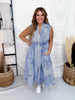 Blue & White Pinstriped Zipper Front Dress W/ Floral Embroidery