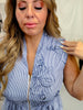 Blue & White Pinstriped Zipper Front Dress W/ Floral Embroidery