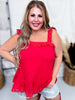 Red Ruffled Tank Top with Scalloped Eyelet Details