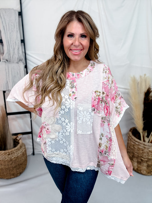 Patchwork Lace & Floral Short Sleeve Top