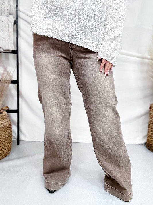 Judy Blue High-Waist Wide Leg Clay Yarned Dyed Criss Cross Waist Band Jeans