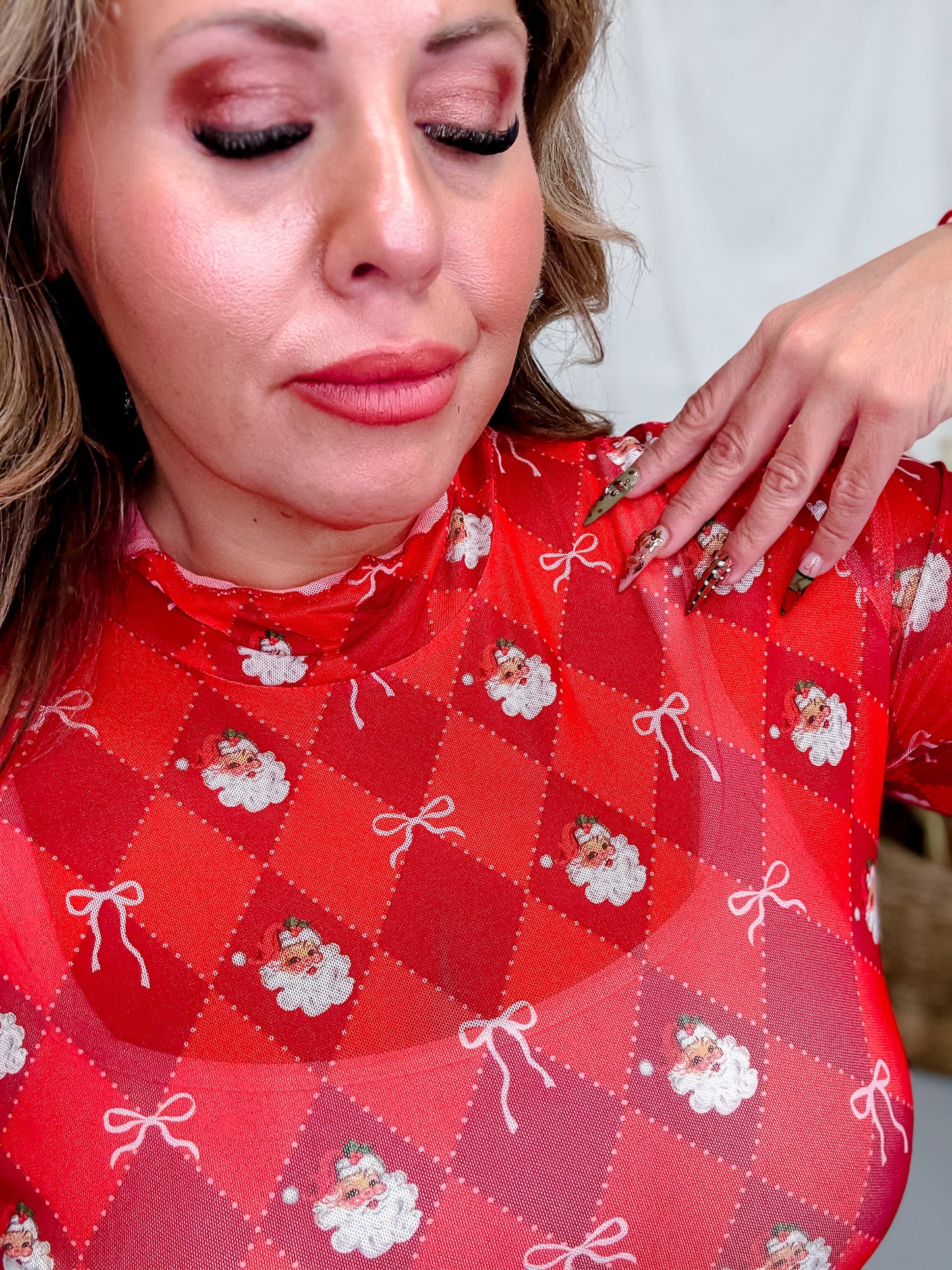 Keigan Mesh Santa's Signature Bow Long Sleeve Top