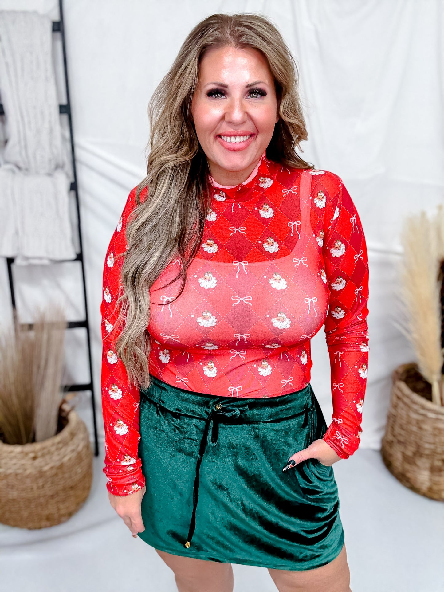 Keigan Mesh Santa's Signature Bow Long Sleeve Top