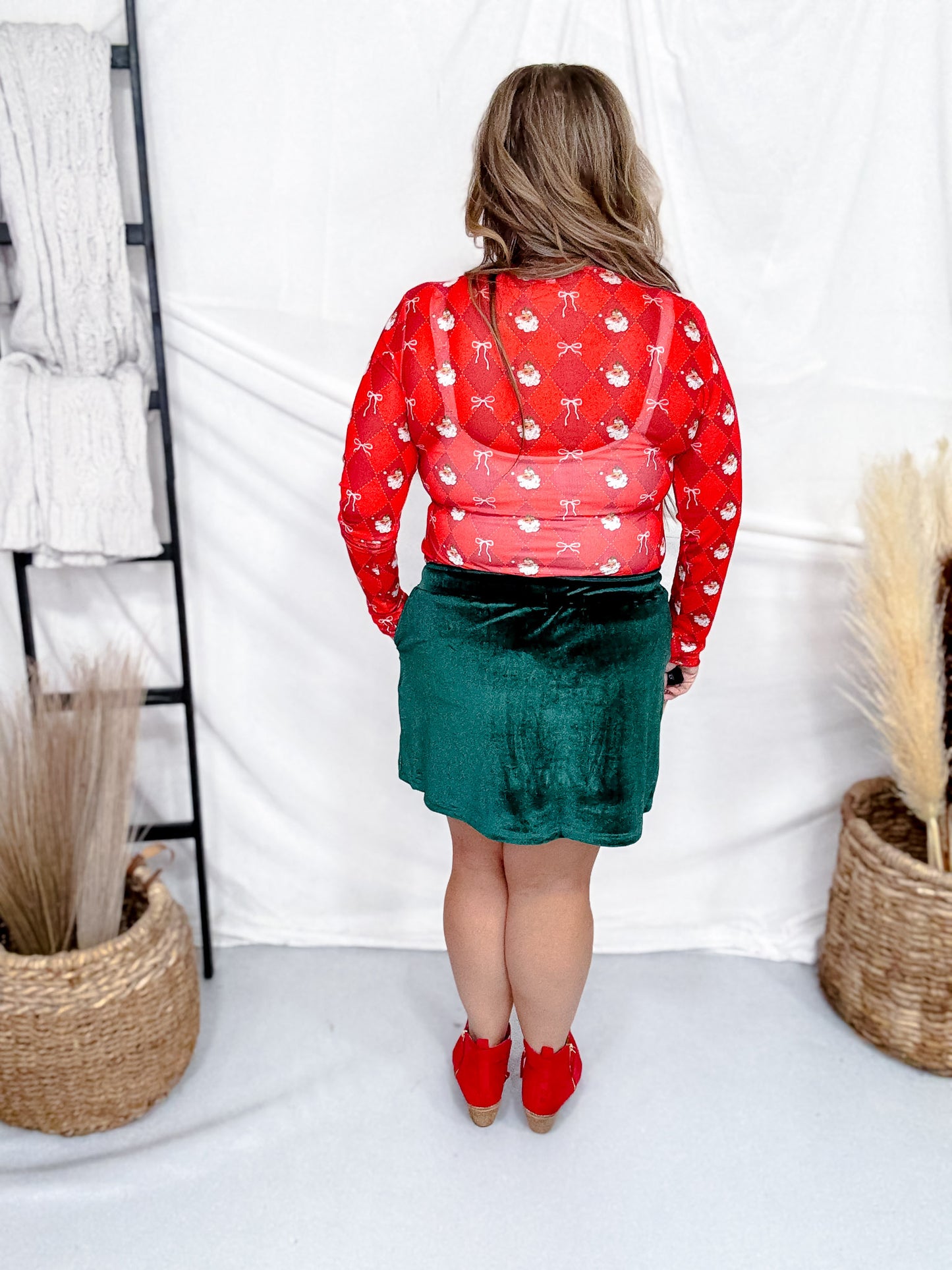 Keigan Mesh Santa's Signature Bow Long Sleeve Top