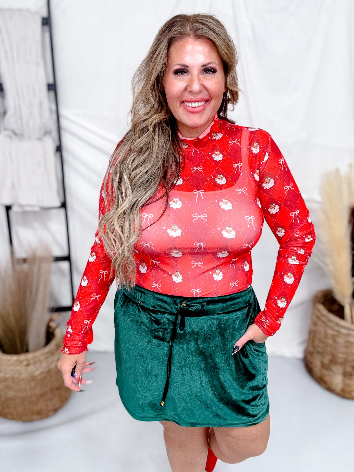 Keigan Mesh Santa's Signature Bow Long Sleeve Top