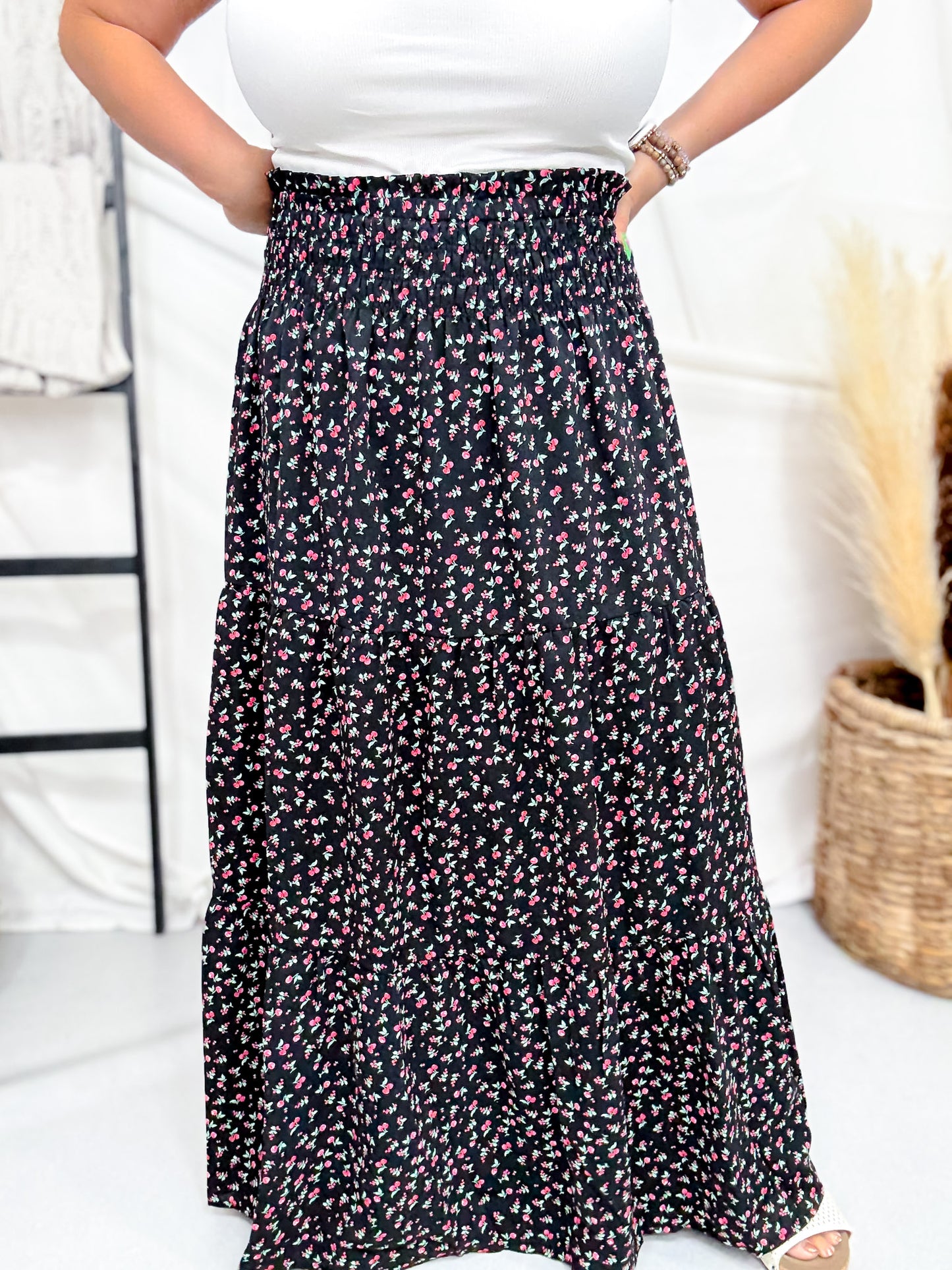 Cherry Punch Black Tiered Maxi Skirt With Smocked Waist