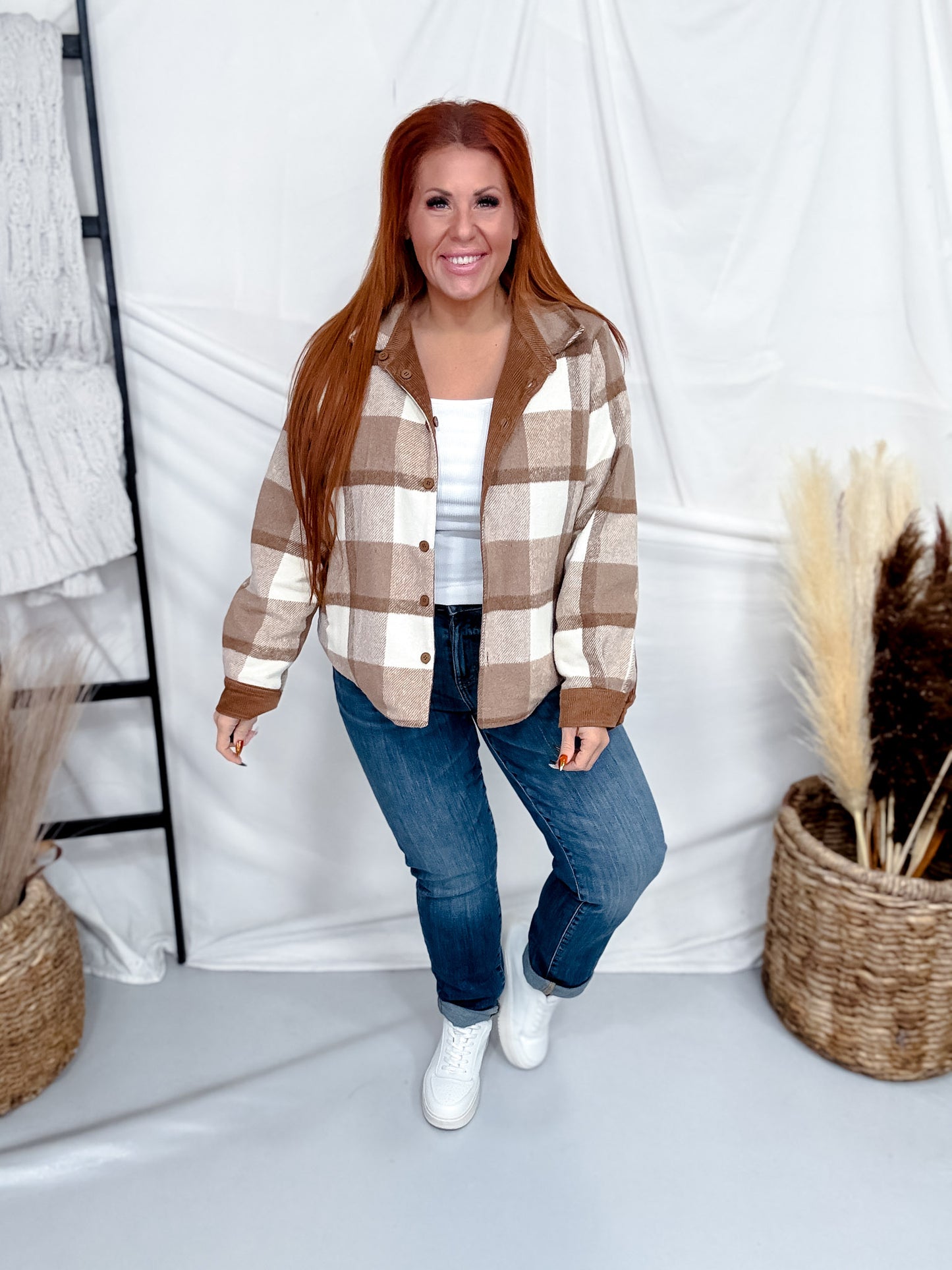 Reversible Mocha Plaid Button Down Shacket