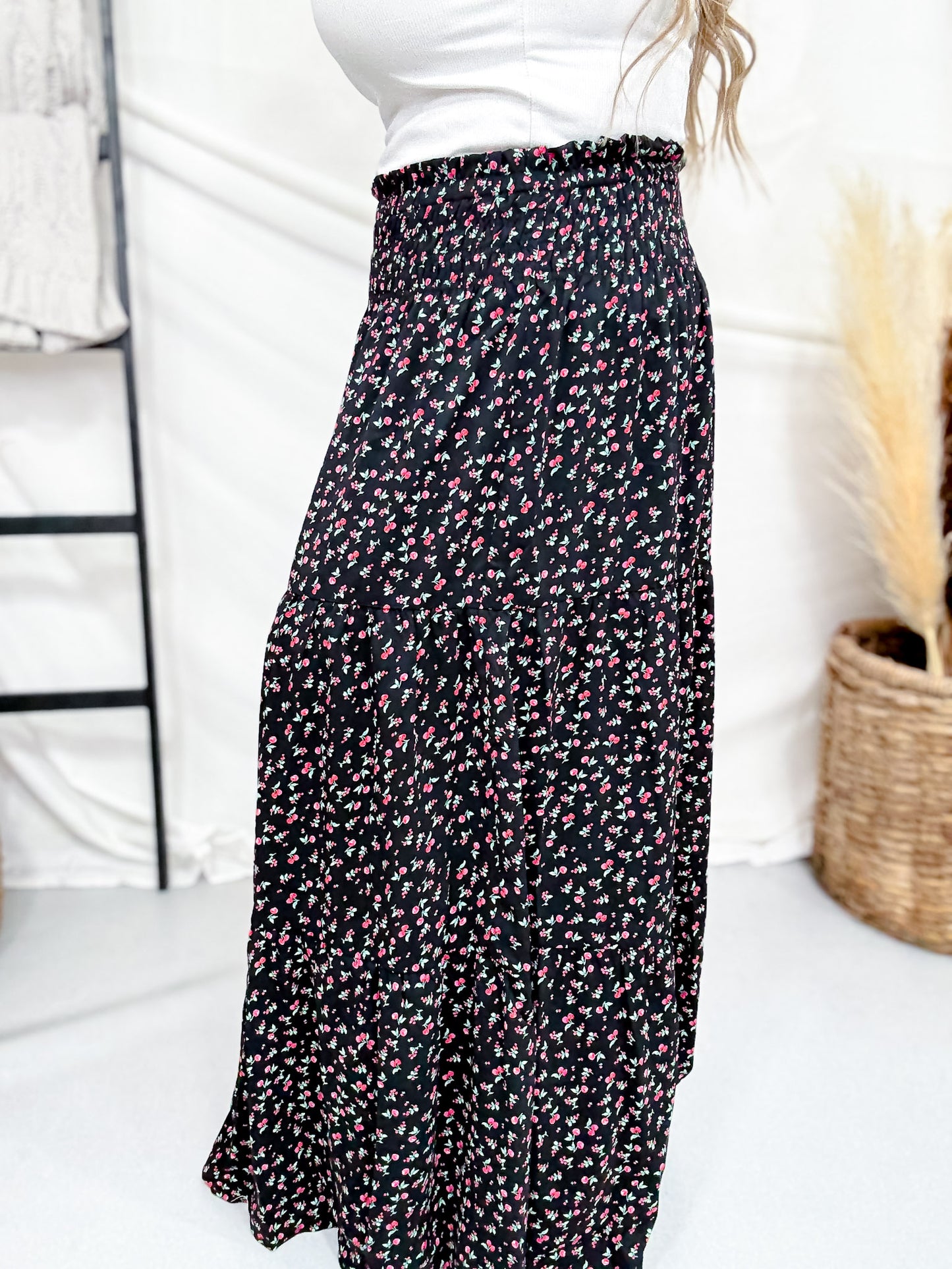Cherry Punch Black Tiered Maxi Skirt With Smocked Waist