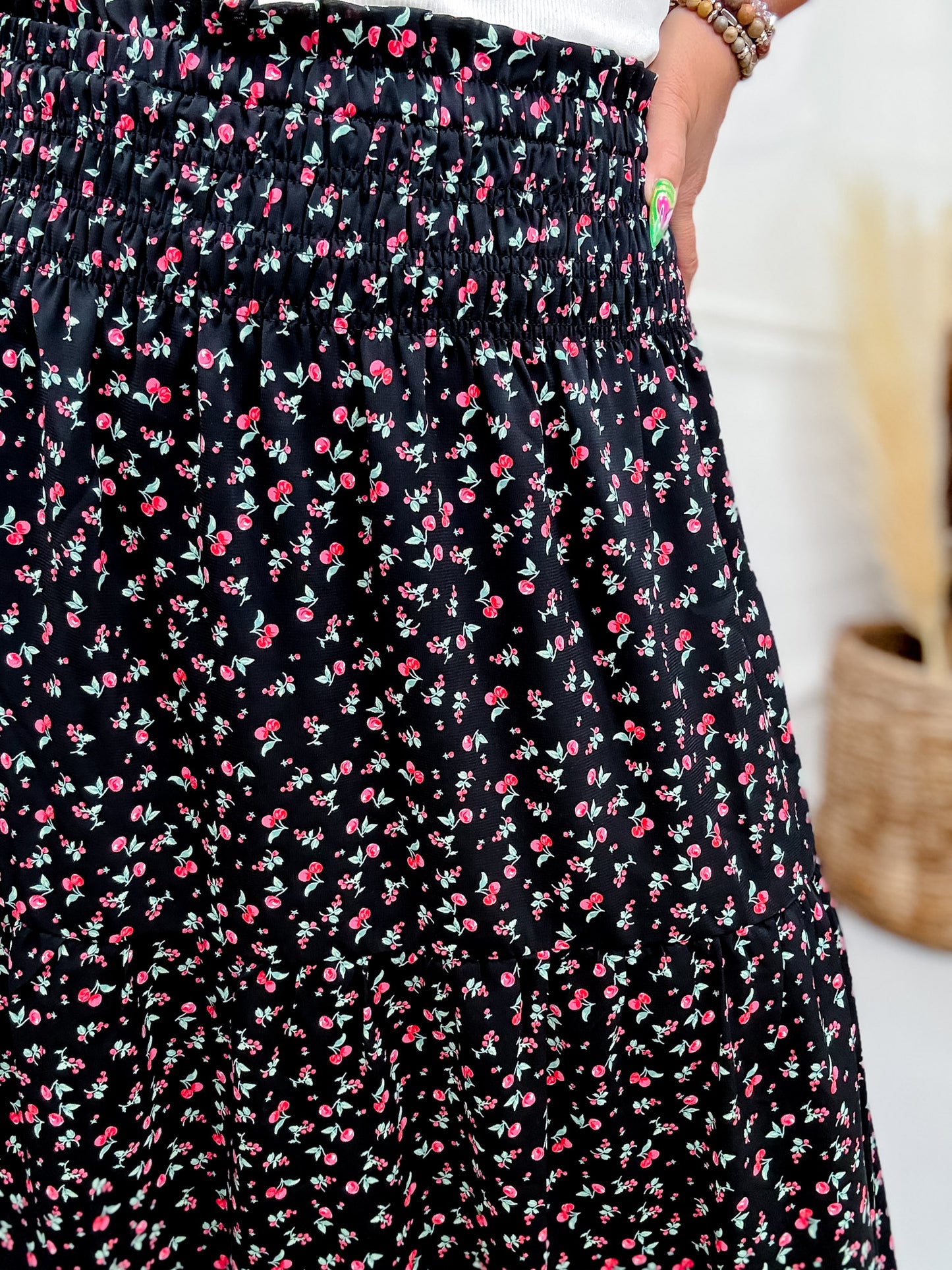 Cherry Punch Black Tiered Maxi Skirt With Smocked Waist