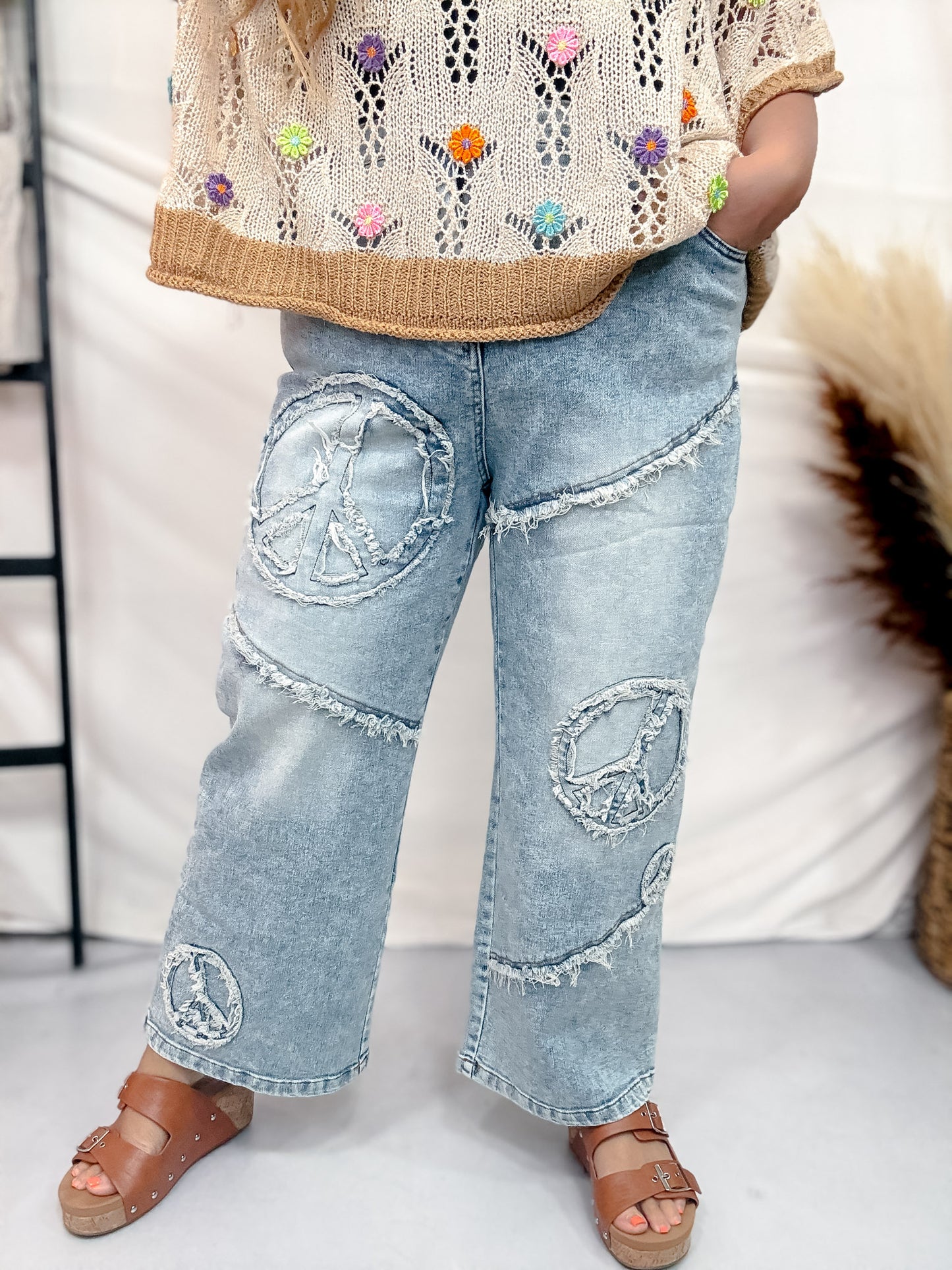 Peace Sign Patch Light Wash Straight Denim Jeans