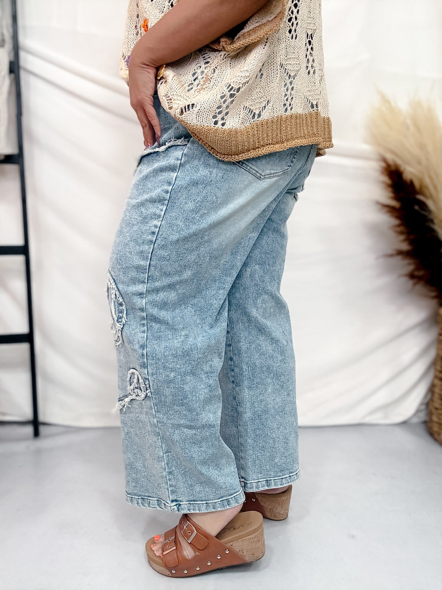 Peace Sign Patch Light Wash Straight Denim Jeans