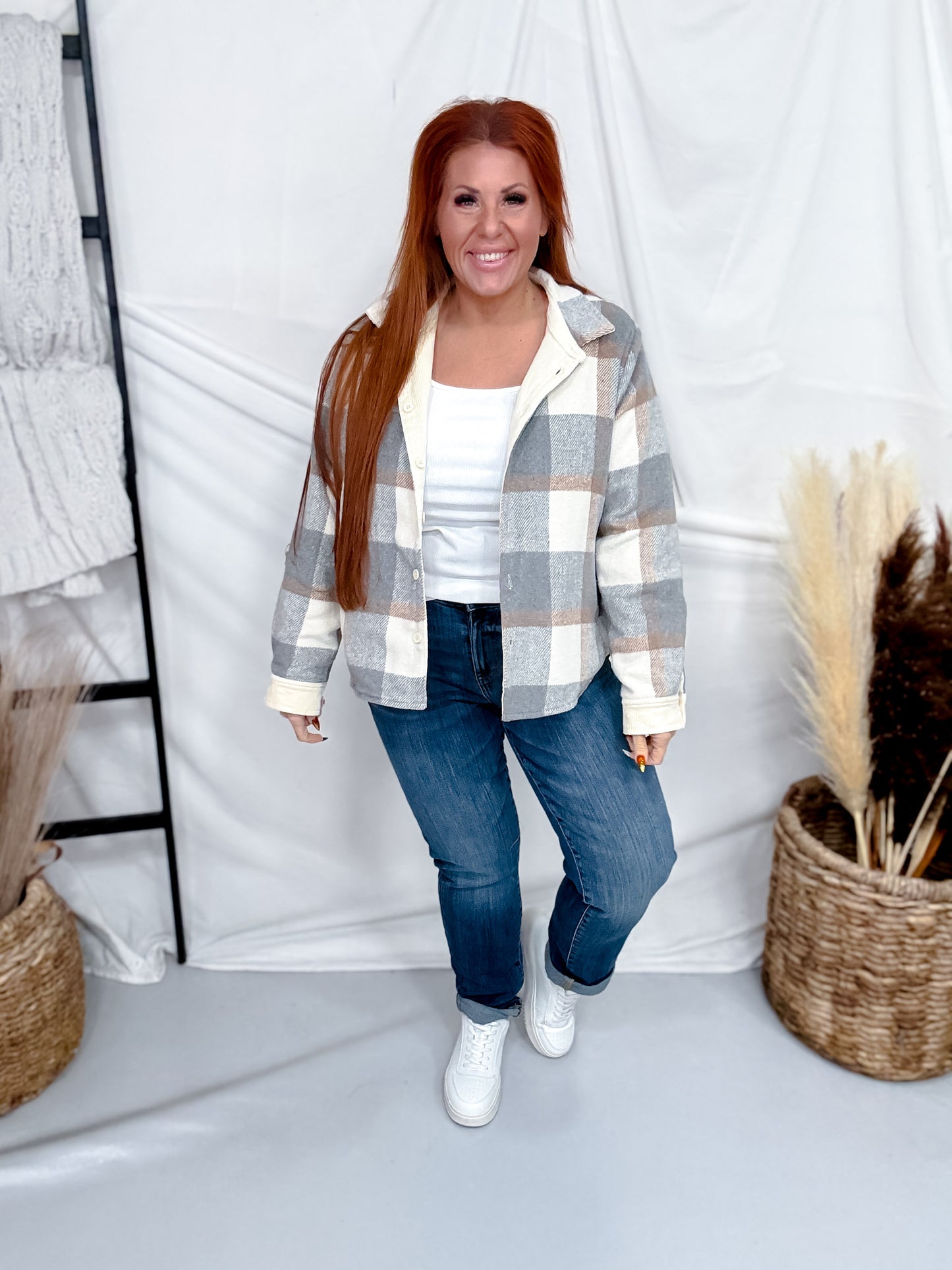 Reversible Cream & Gray Plaid Button Down Shacket