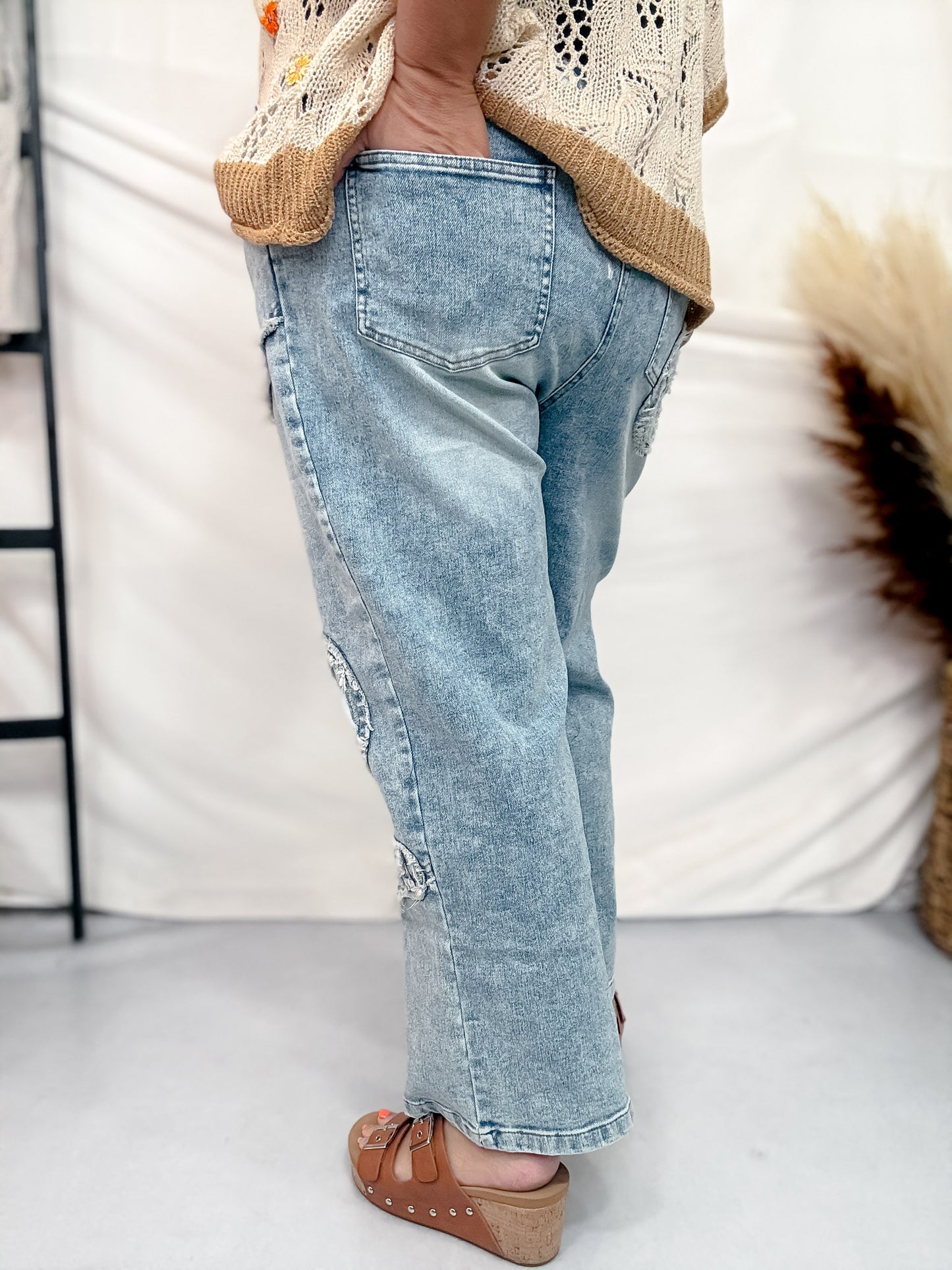 Peace Sign Patch Light Wash Straight Denim Jeans