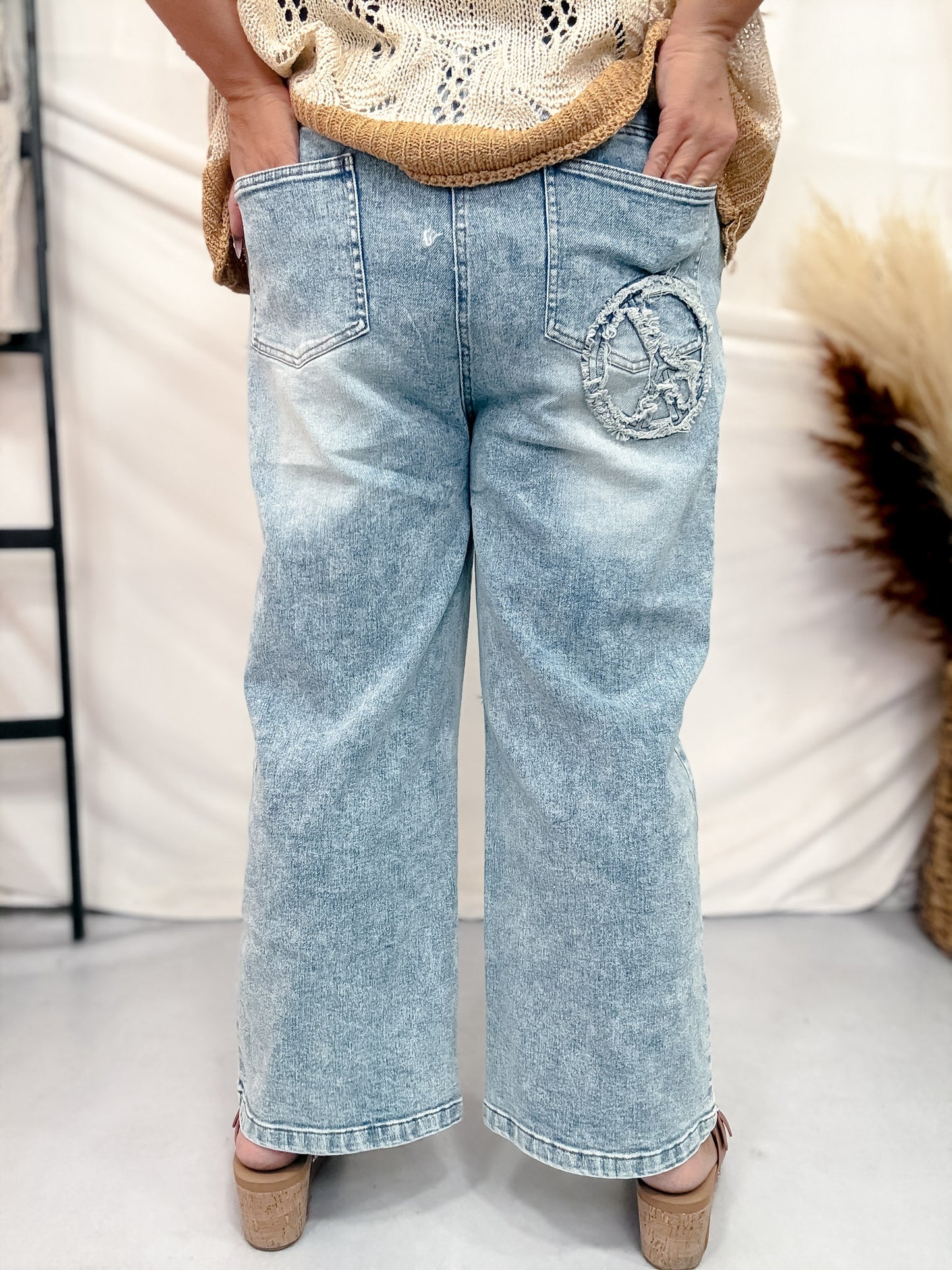 Peace Sign Patch Light Wash Straight Denim Jeans