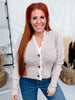 Oatmeal Cardigan With Dot Knit Details & Lace Trim