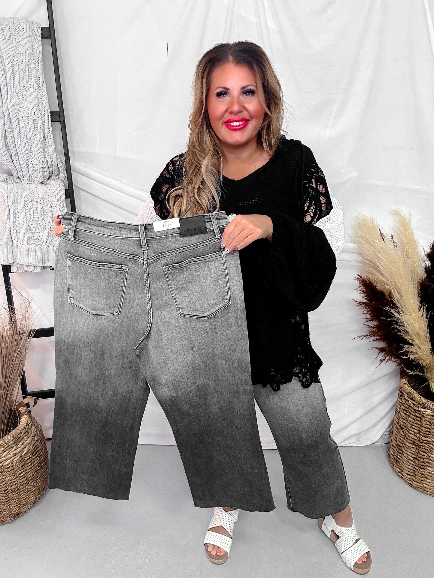 Judy Blue High Waist Gray Cropped Jeans with Embroidered Pocket Detail