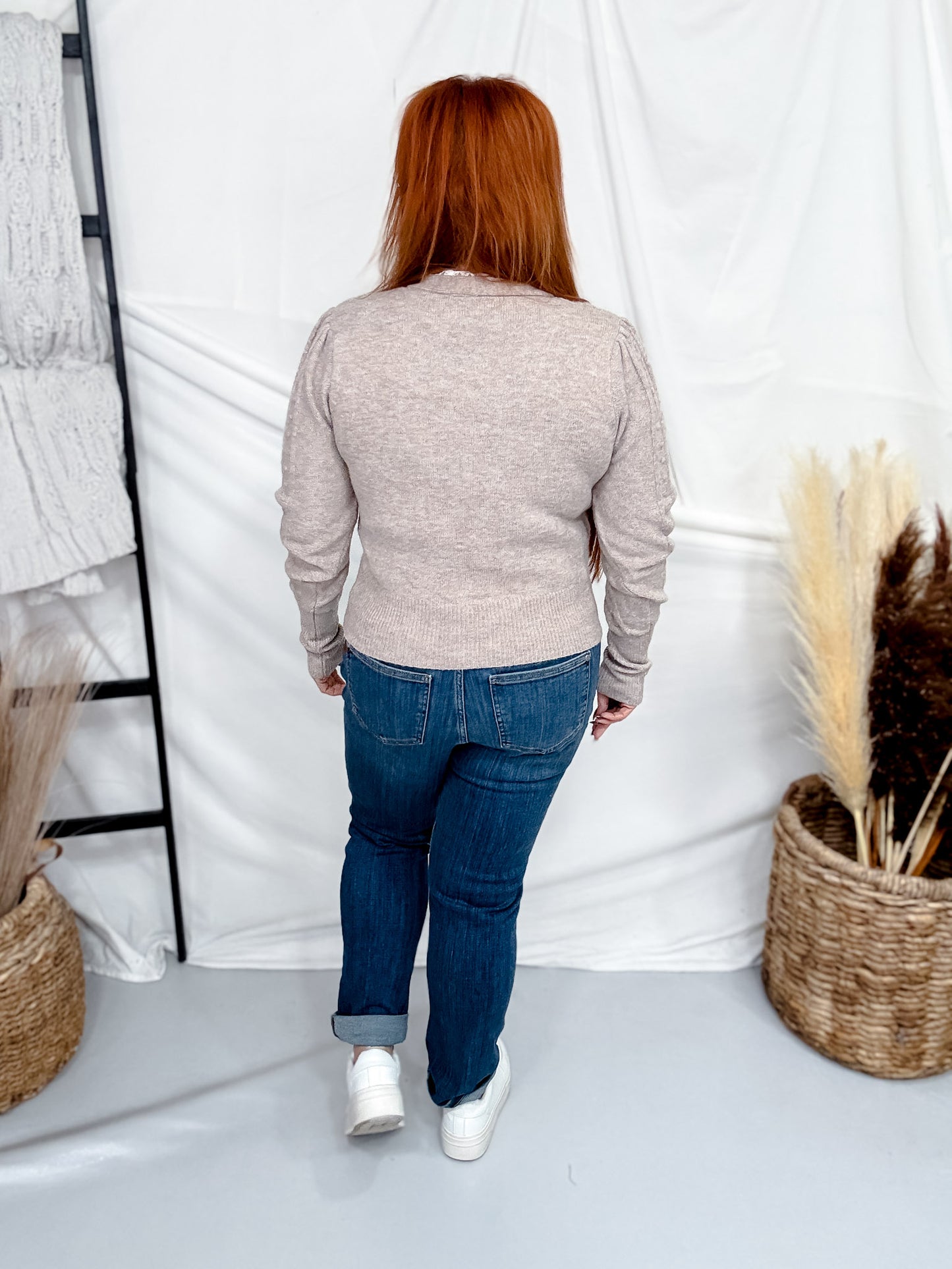 Oatmeal Cardigan With Dot Knit Details & Lace Trim
