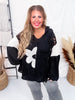 Oversized Black Knit Hoodie with Flower Patch