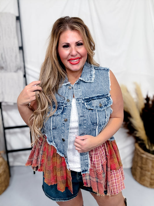 Denim and Plaid Flare Hem Vest