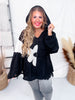 Oversized Black Knit Hoodie with Flower Patch