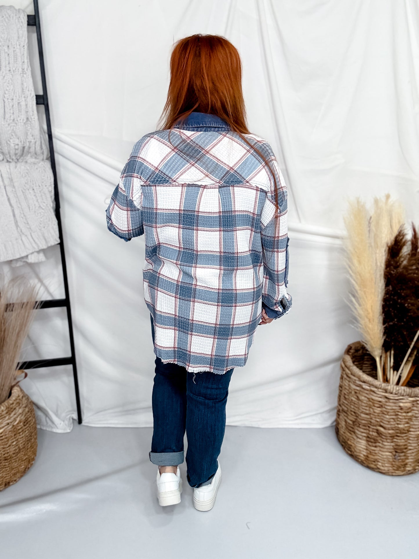 Blue Plaid Print Thermal Shacket with Corduroy Accents