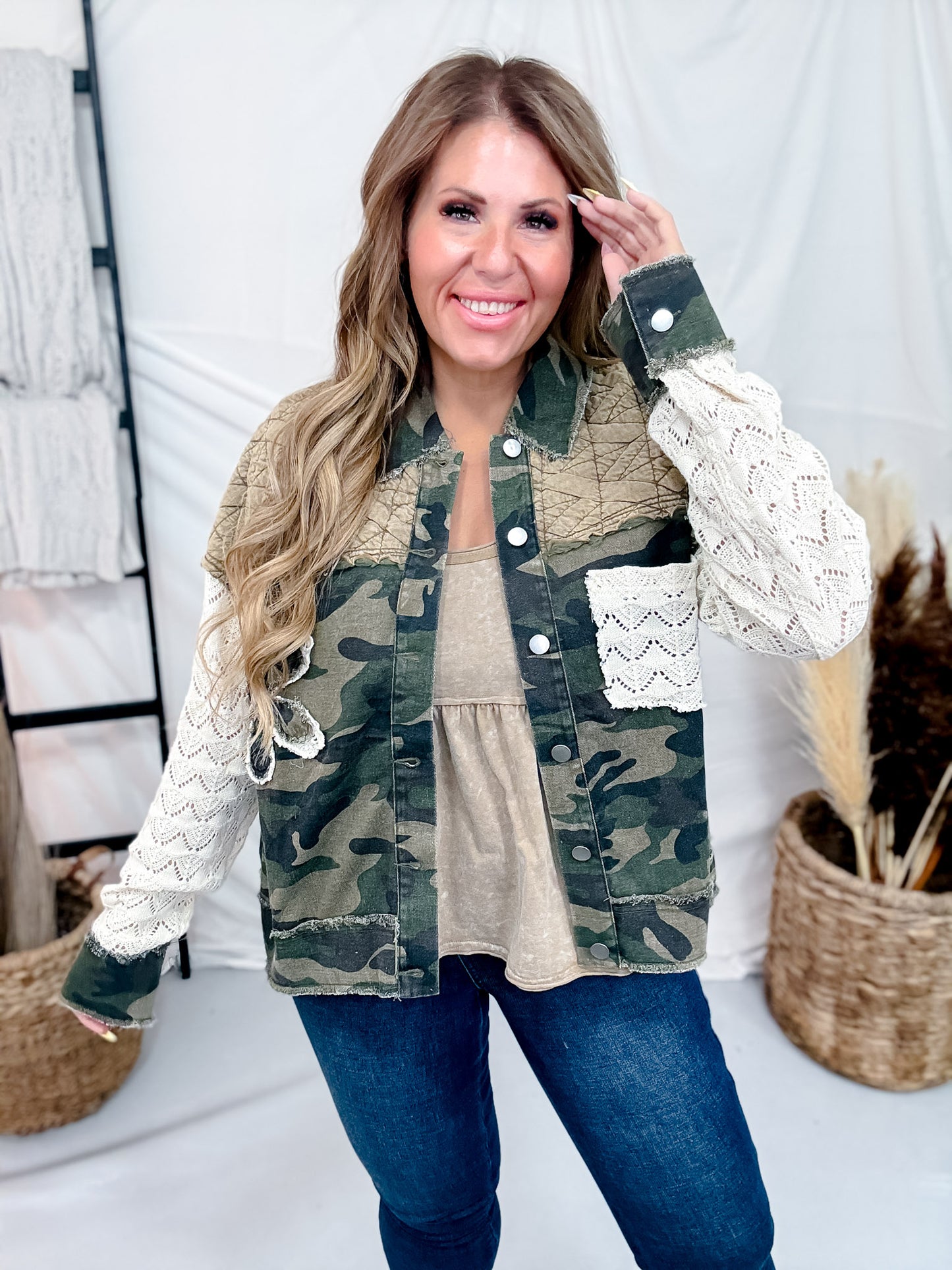 Camouflage Jacket With Lace Sleeves & Quilted Yoke
