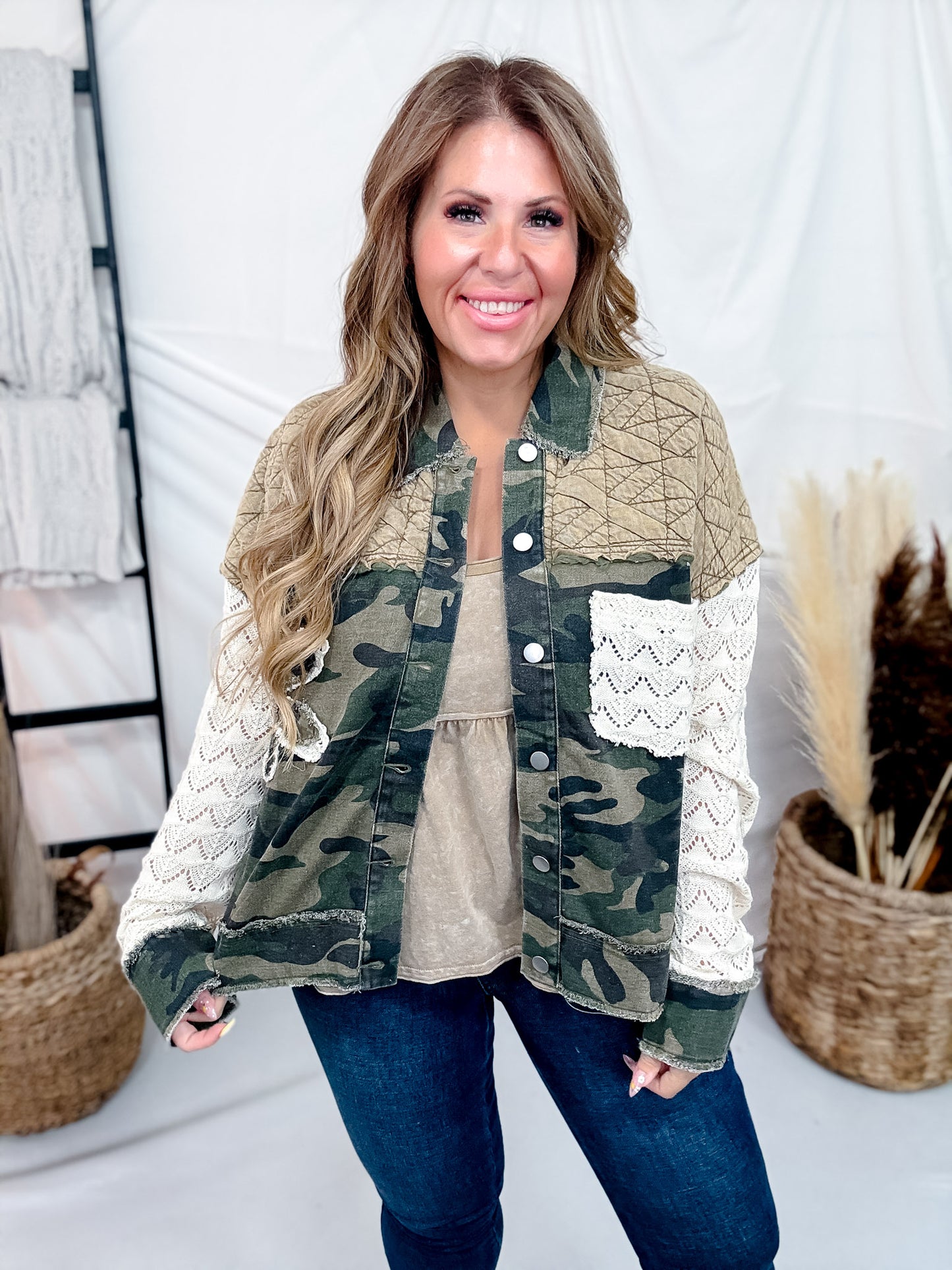Camouflage Jacket With Lace Sleeves & Quilted Yoke