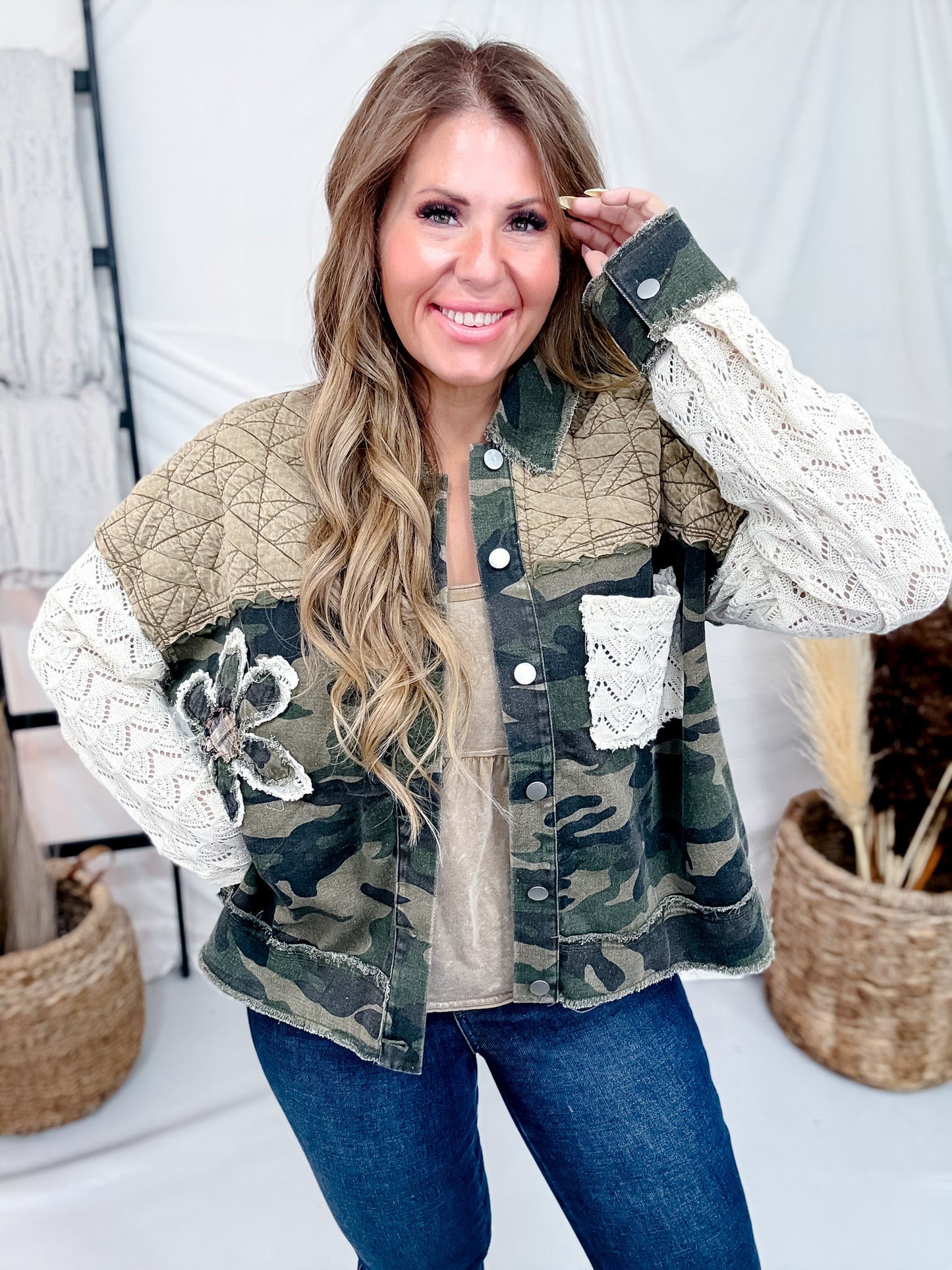 Camouflage Jacket With Lace Sleeves & Quilted Yoke