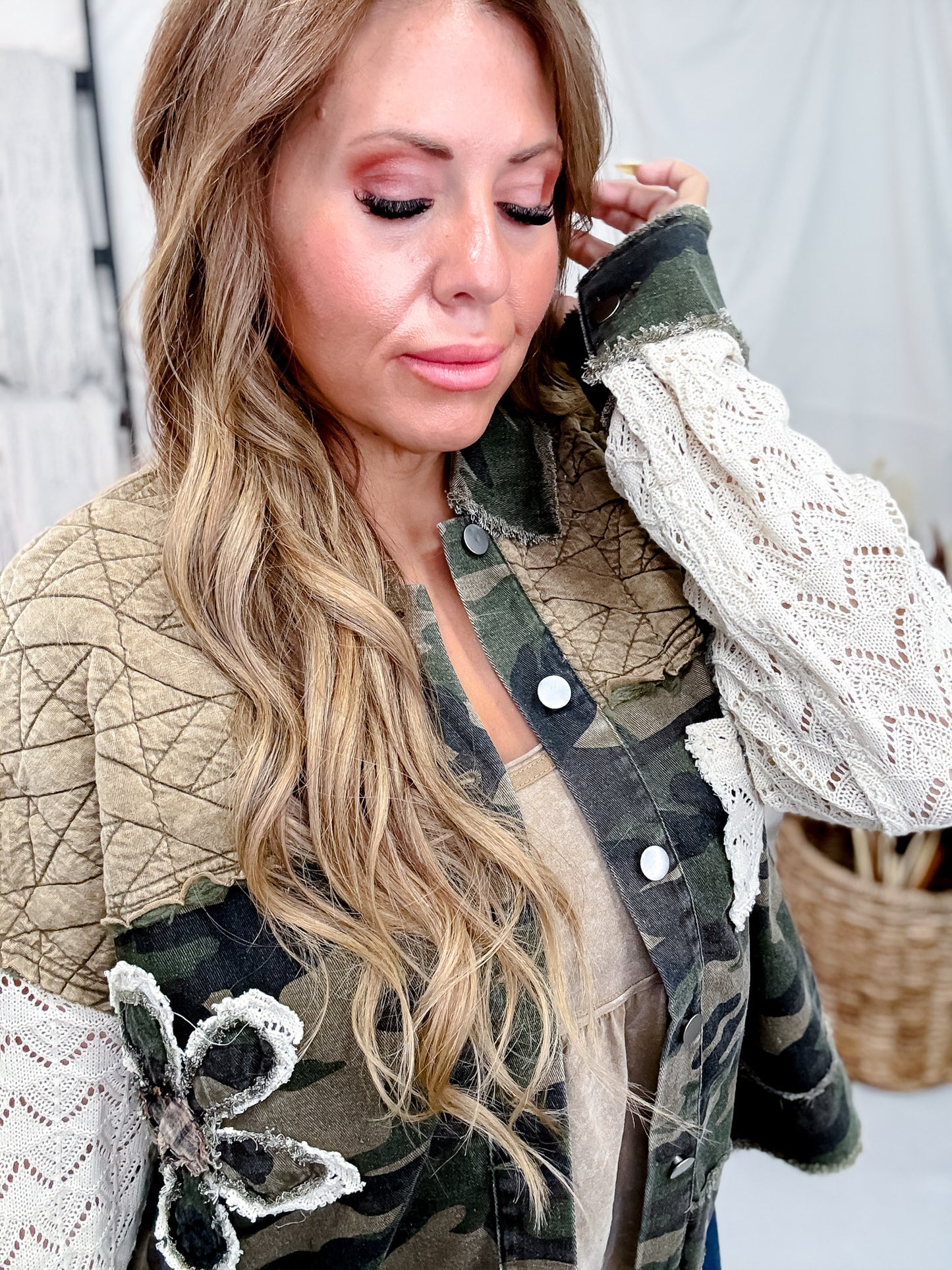 Camouflage Jacket With Lace Sleeves & Quilted Yoke