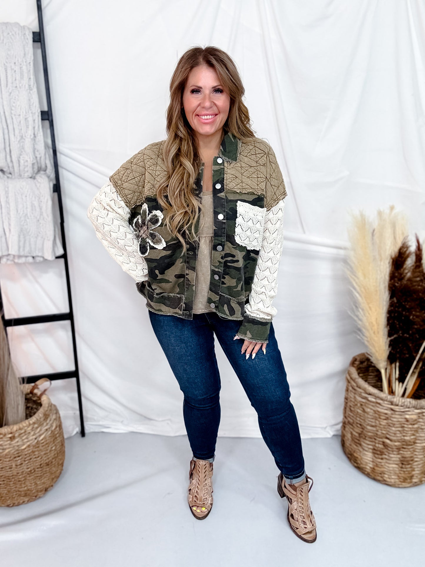 Camouflage Jacket With Lace Sleeves & Quilted Yoke