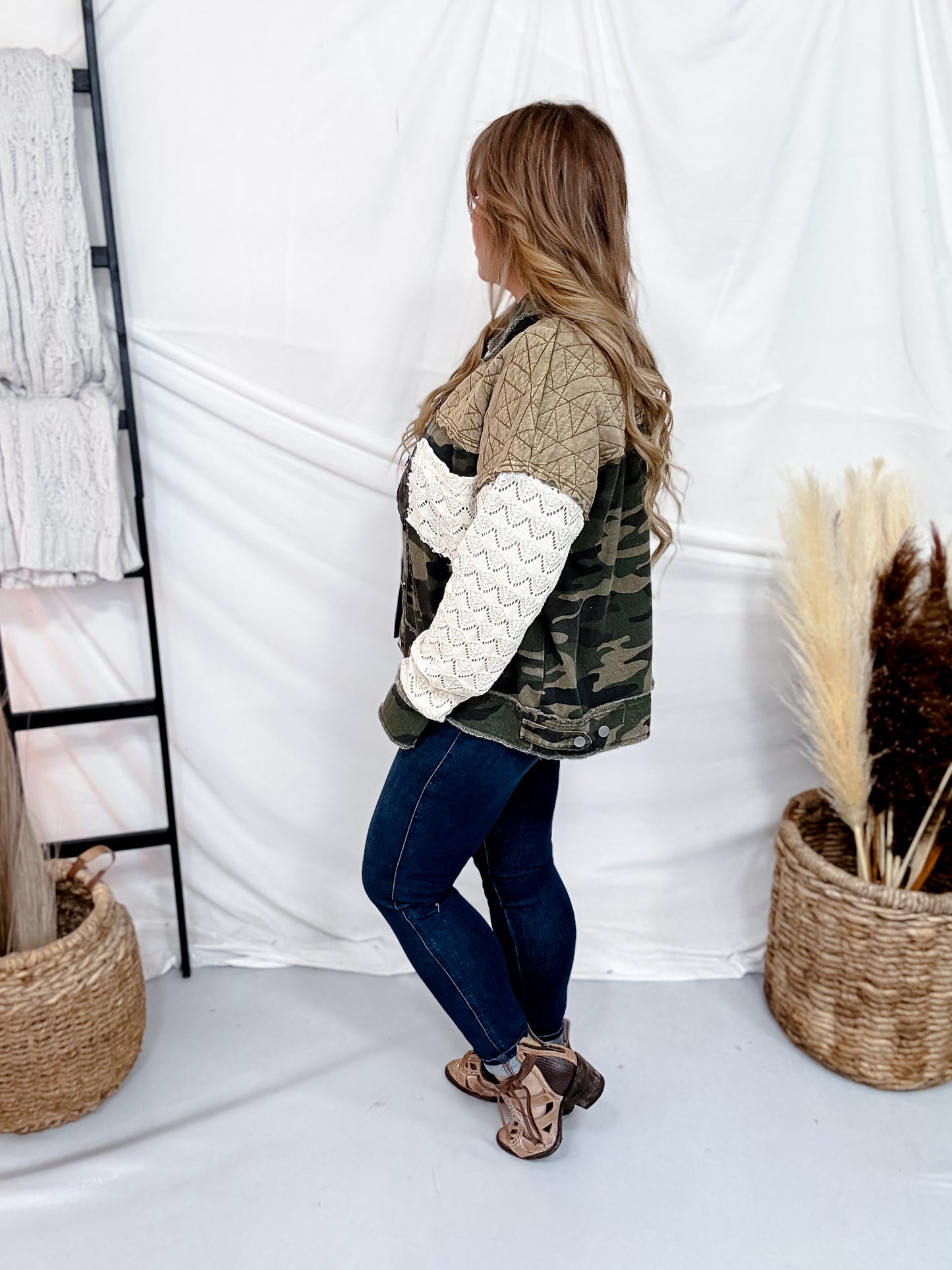Camouflage Jacket With Lace Sleeves & Quilted Yoke