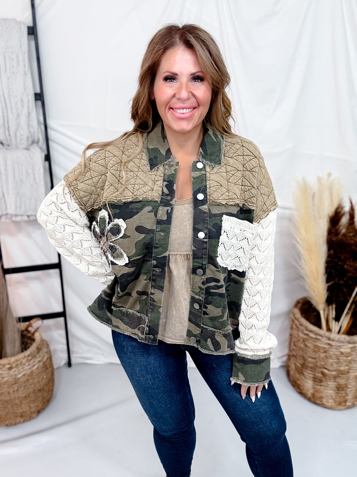 Camouflage Jacket With Lace Sleeves & Quilted Yoke