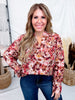 Mauve Floral Print Balloon Sleeve Top With Split Neckline