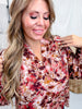 Mauve Floral Print Balloon Sleeve Top With Split Neckline