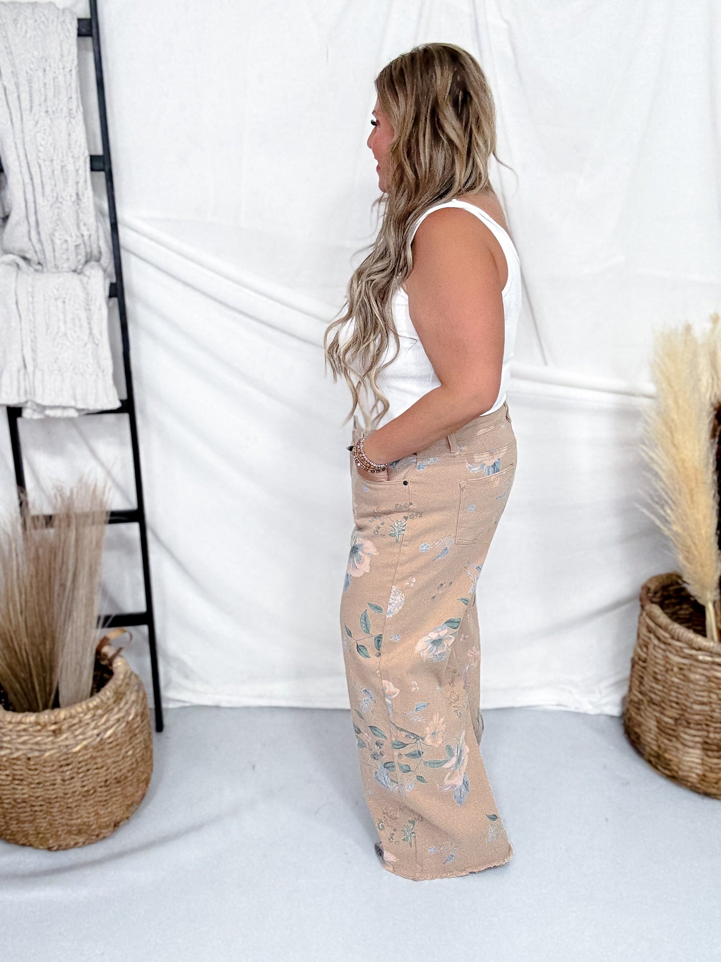 Khaki Floral Print High Waist Straight Pants