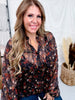 Black Sheer Balloon Sleeve Top With Rust & Purple Floral Print