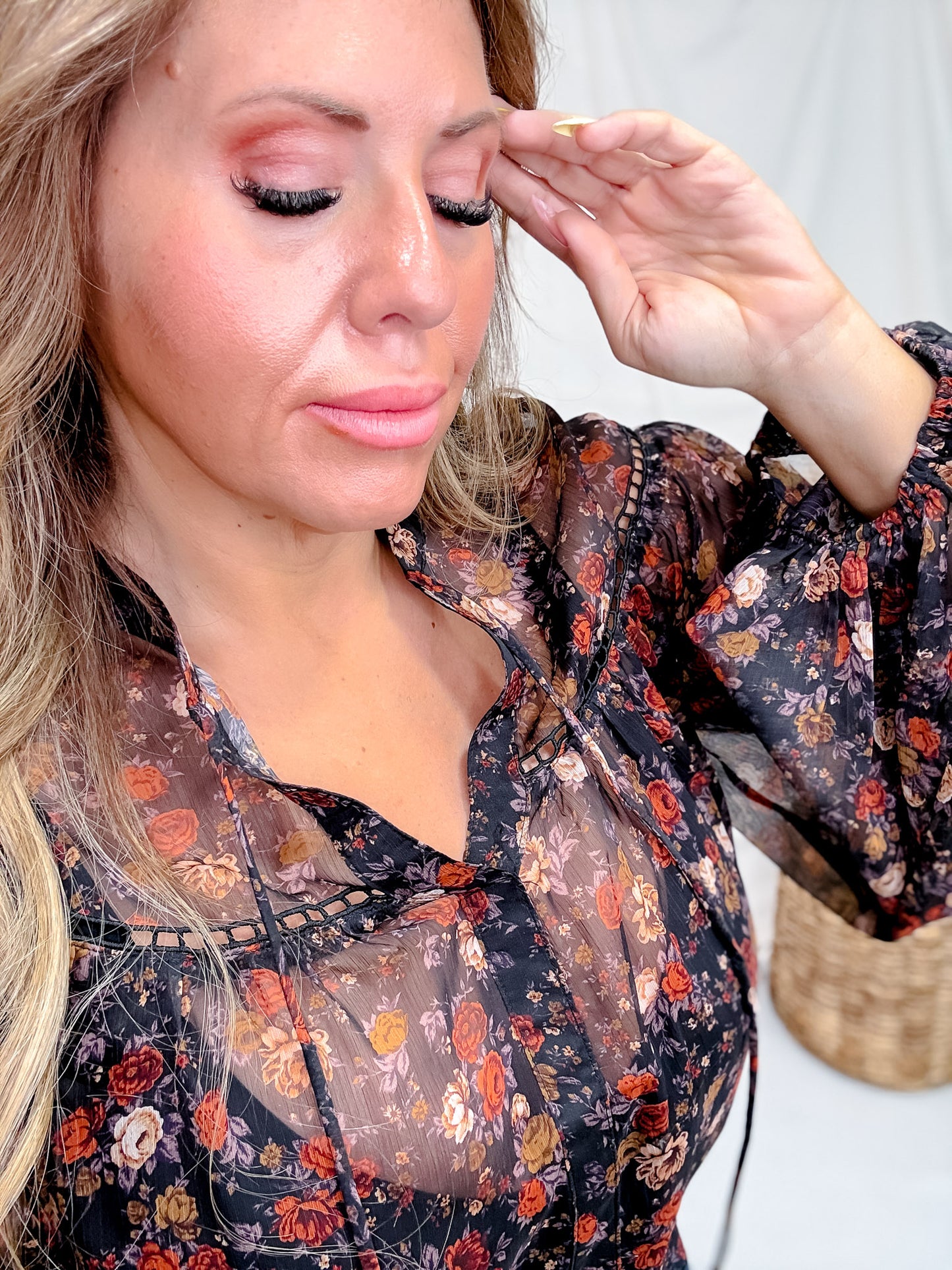 Black Sheer Balloon Sleeve Top With Rust & Purple Floral Print