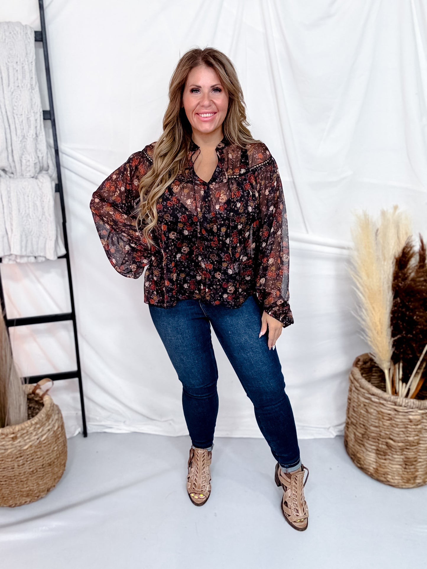 Black Sheer Balloon Sleeve Top With Rust & Purple Floral Print