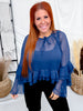 Navy Blue Chiffon Top With Ruffle Trim & Bell Sleeves