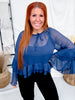 Navy Blue Chiffon Top With Ruffle Trim & Bell Sleeves