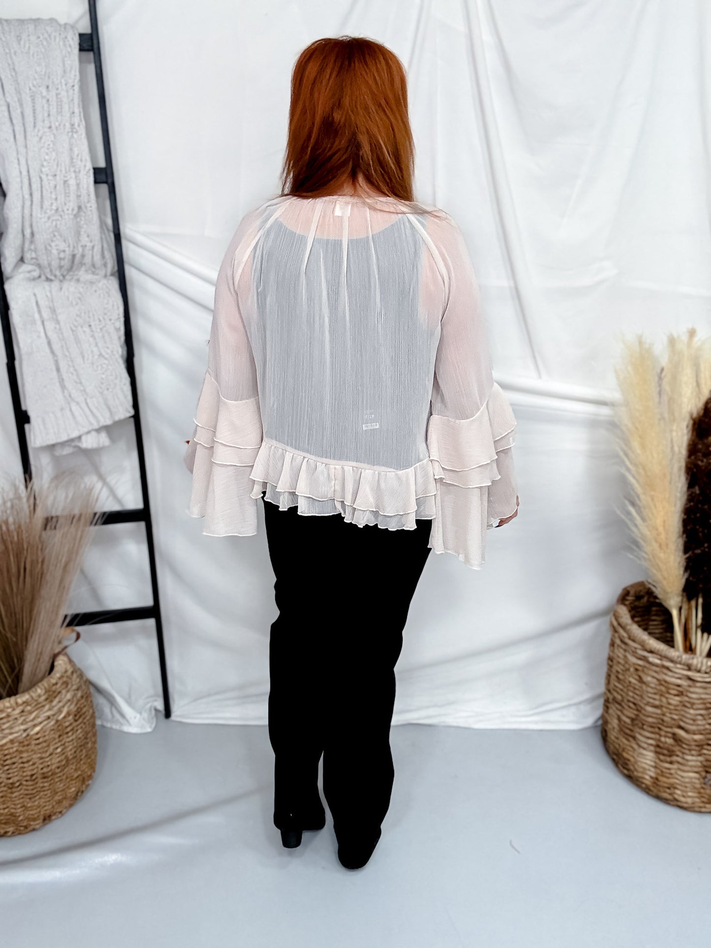 Ruffle Trimmed Chiffon Top With Tiered Bell Sleeves In Oatmeal
