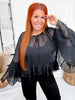 Black Chiffon Top With Ruffle Trim & Bell Sleeves