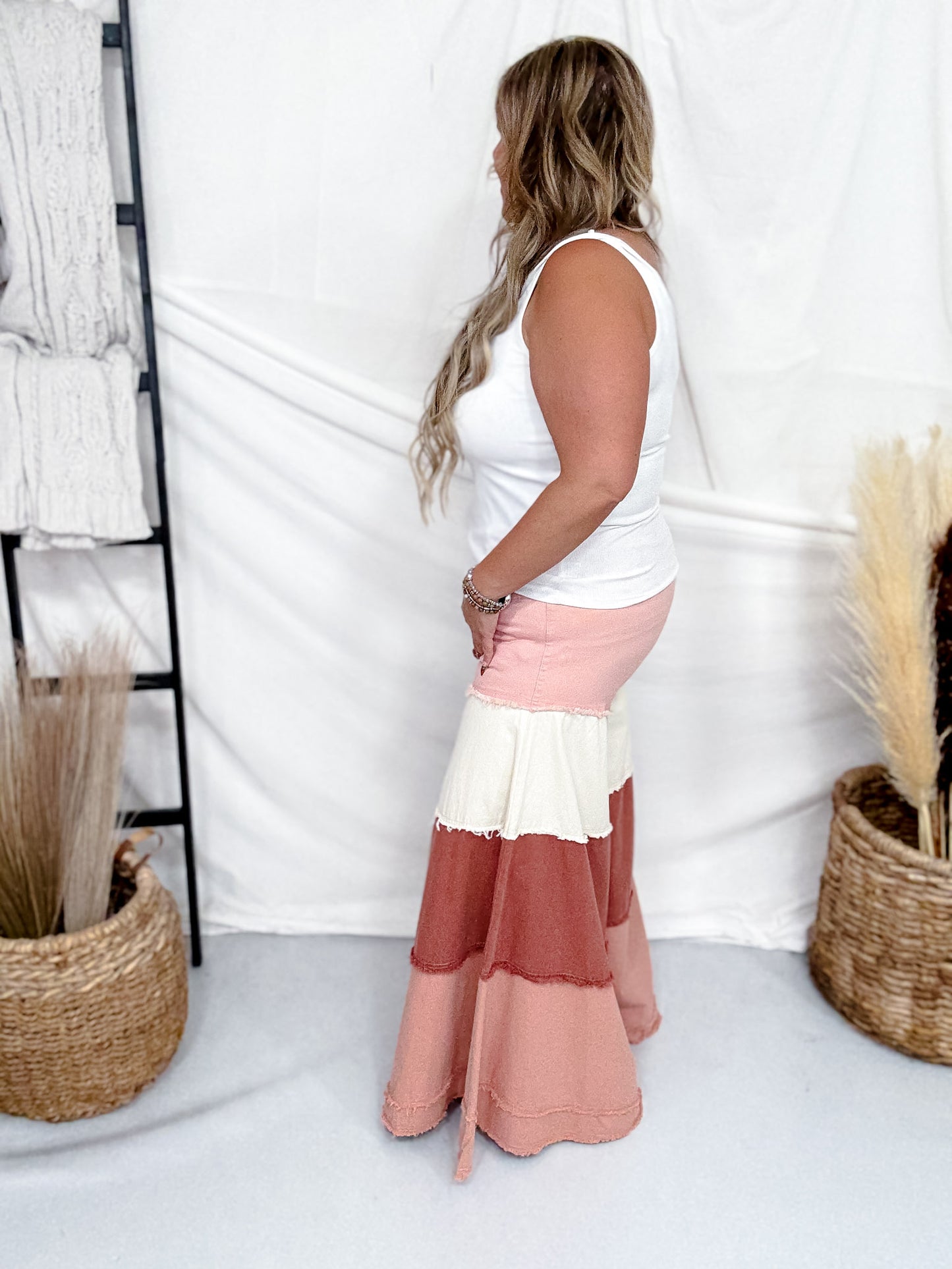 Multi Dusty Rose & Coral Denim Wide Leg Pants